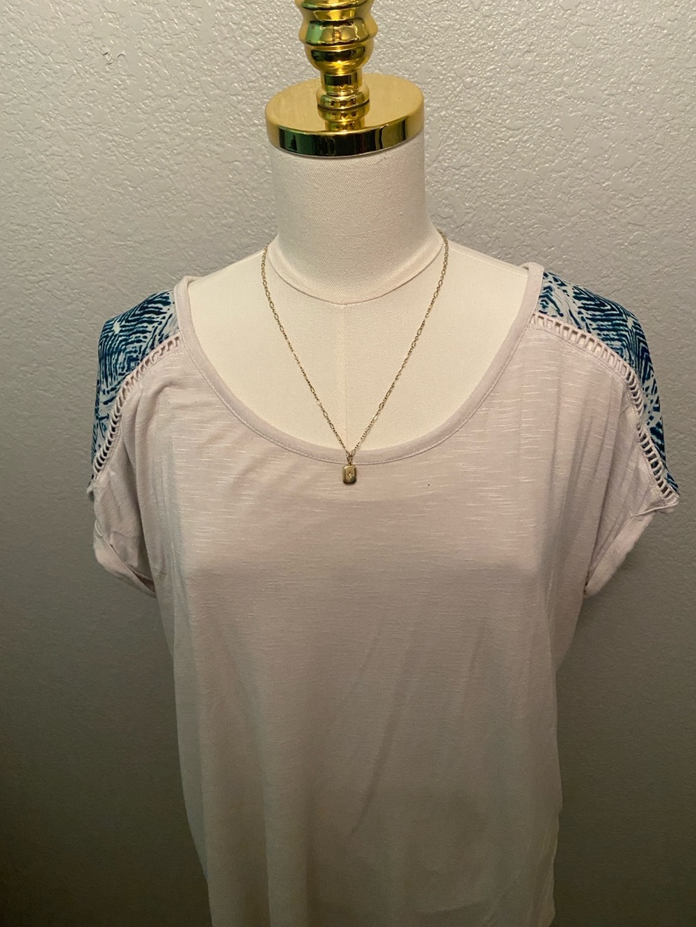 Women’s white/blue Short Sleeve Top with Blue Patterned Shoulder Panels